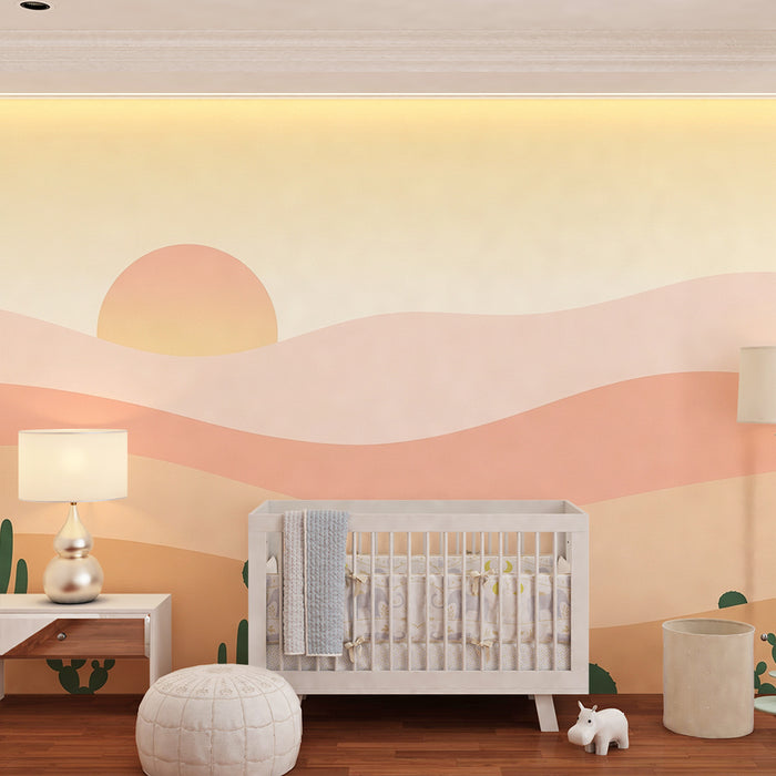 Kinderkamer behang | Woestijnlandschap met cactussen en pastel zonsondergang