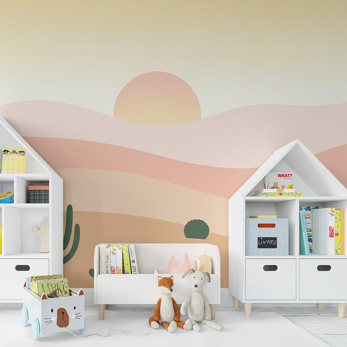 Kinderkamer behang | Woestijnlandschap met cactussen en pastel zonsondergang