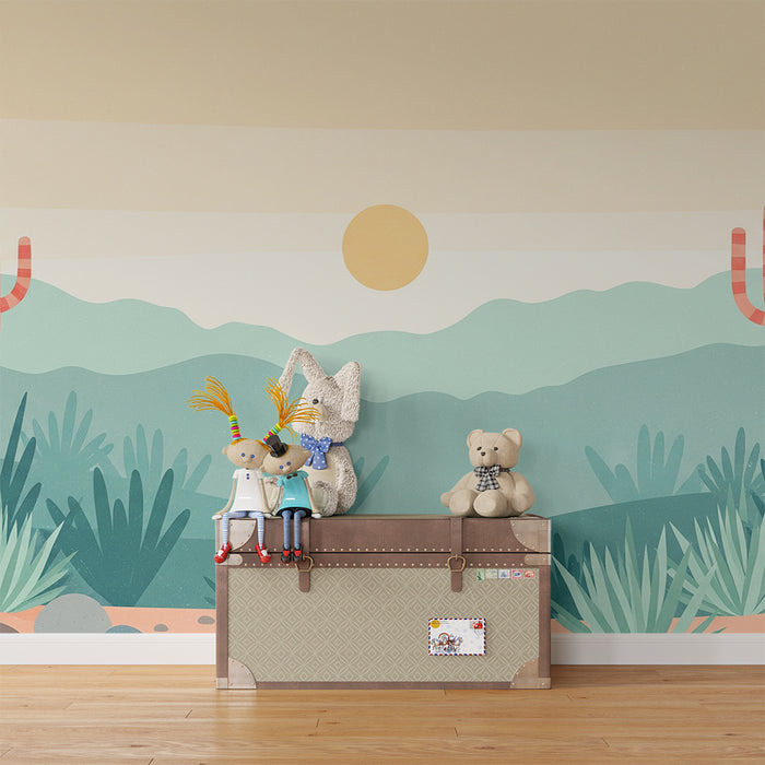 Papel de parede criança | Paisagem desértica com cactos e sol nascente