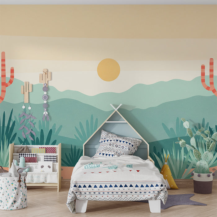 Papel de parede criança | Paisagem desértica com cactos e sol nascente
