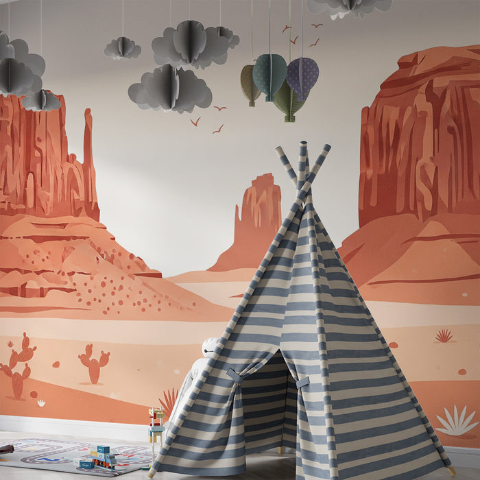 Papier peint chambre enfant | Paysage désertique avec formations rocheuses et cactus