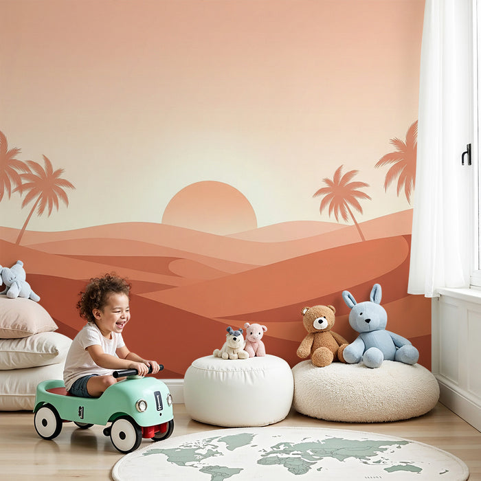 Kinderkamer behang | Woestijnlandschap met palmbomen en zonsondergang