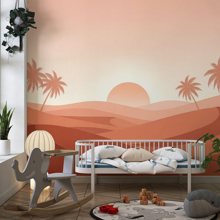 Kinderkamer behang | Woestijnlandschap met palmbomen en zonsondergang