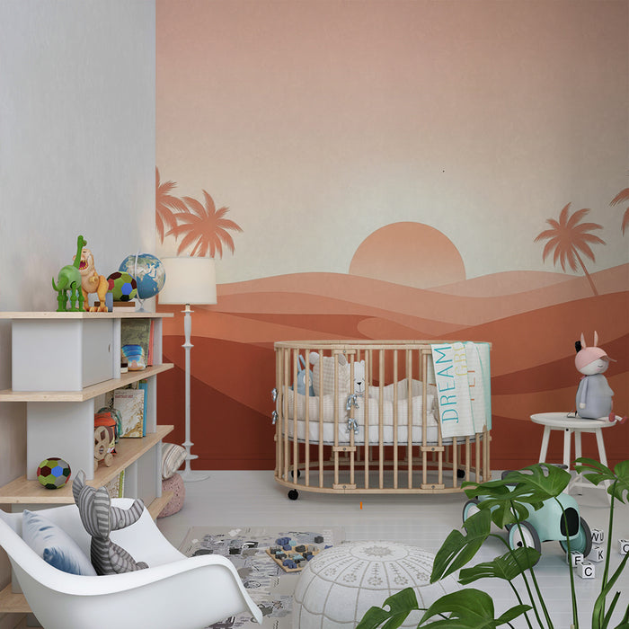 Kinderkamer behang | Woestijnlandschap met palmbomen en zonsondergang