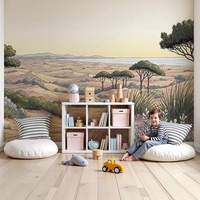 Papier peint chambre enfant | Paysage désertique avec pins et dunes de sable