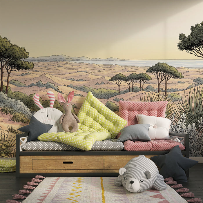 Papier peint chambre enfant | Paysage désertique avec pins et dunes de sable