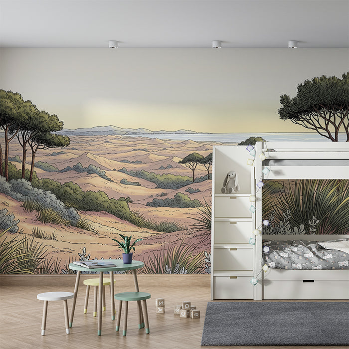 Papier peint chambre enfant | Paysage désertique avec pins et dunes de sable