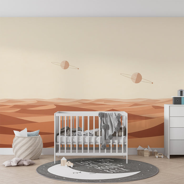 Papier peint chambre enfant | Paysage désertique avec planètes stylisées