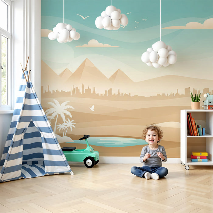 Papier peint chambre enfant | Paysage désertique avec pyramides et palmiers