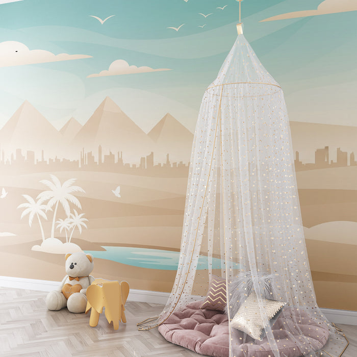 Papier peint chambre enfant | Paysage désertique avec pyramides et palmiers