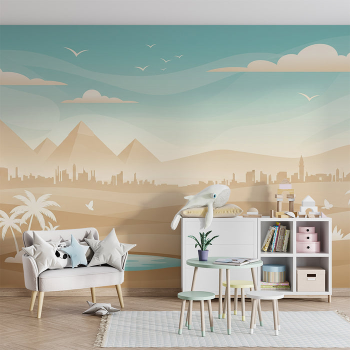 Papier peint chambre enfant | Paysage désertique avec pyramides et palmiers