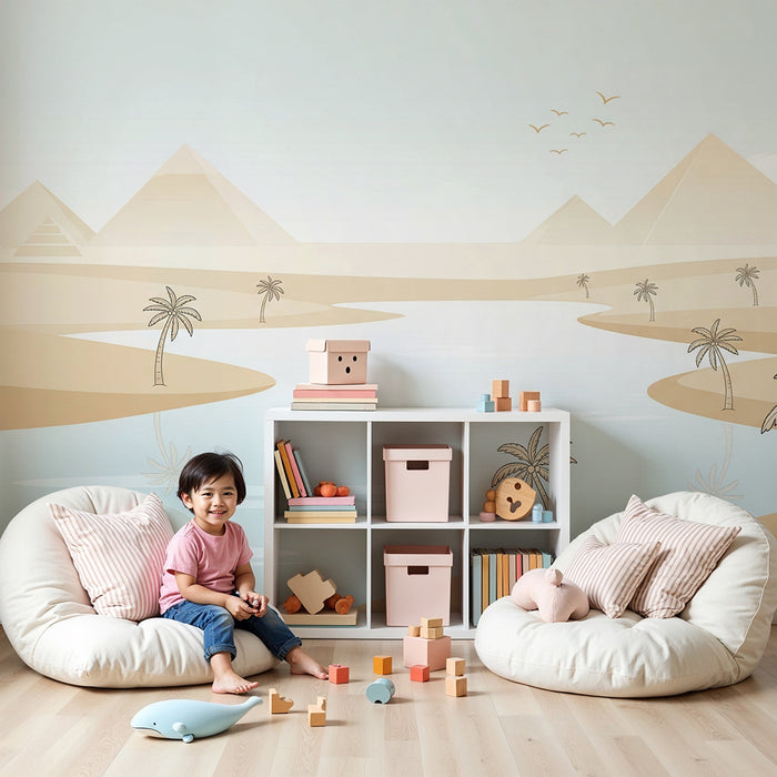 Papier peint chambre enfant | Paysage désertique avec pyramides et palmiers