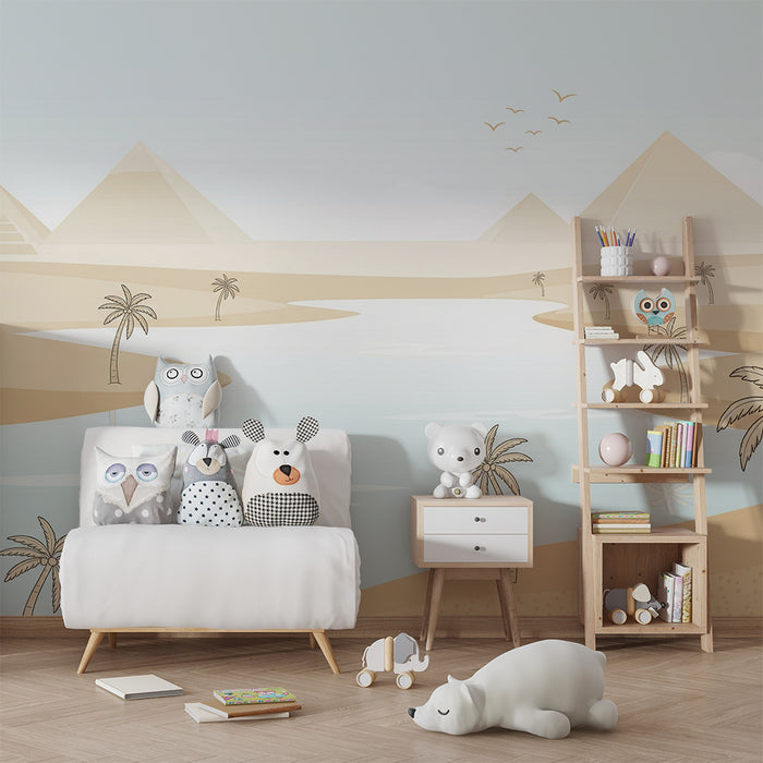 Papier peint chambre enfant | Paysage désertique avec pyramides et palmiers