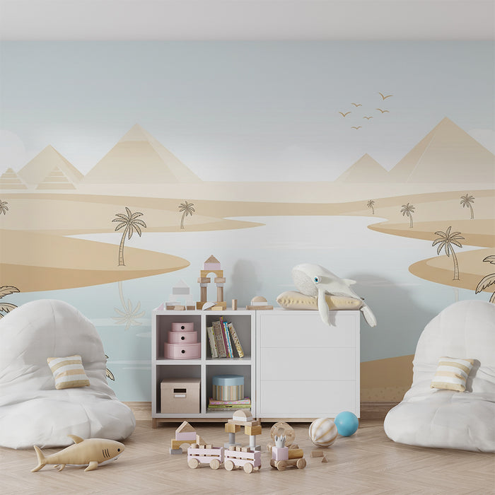 Papier peint chambre enfant | Paysage désertique avec pyramides et palmiers