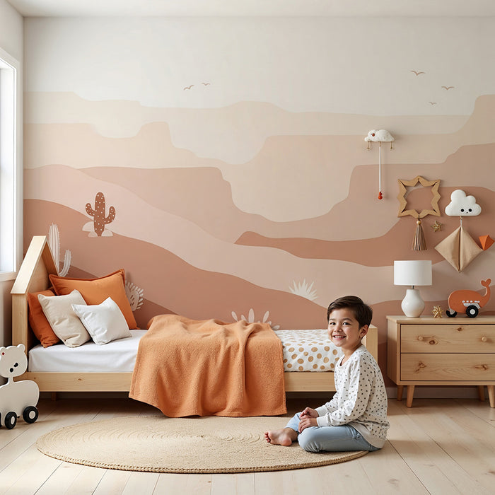 Papier peint chambre enfant | Paysage désertique doux avec cactus et collines