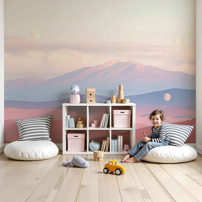 Kids room wallpaper | Soft desert landscape with moons and mountains