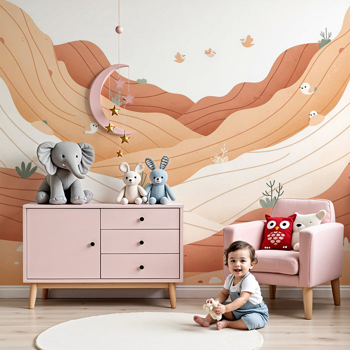 Papier peint chambre enfant | Paysage désertique doux avec oiseaux et végétation