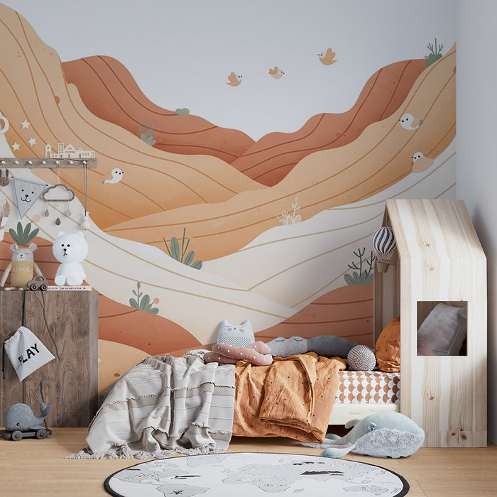 Papier peint chambre enfant | Paysage désertique doux avec oiseaux et végétation