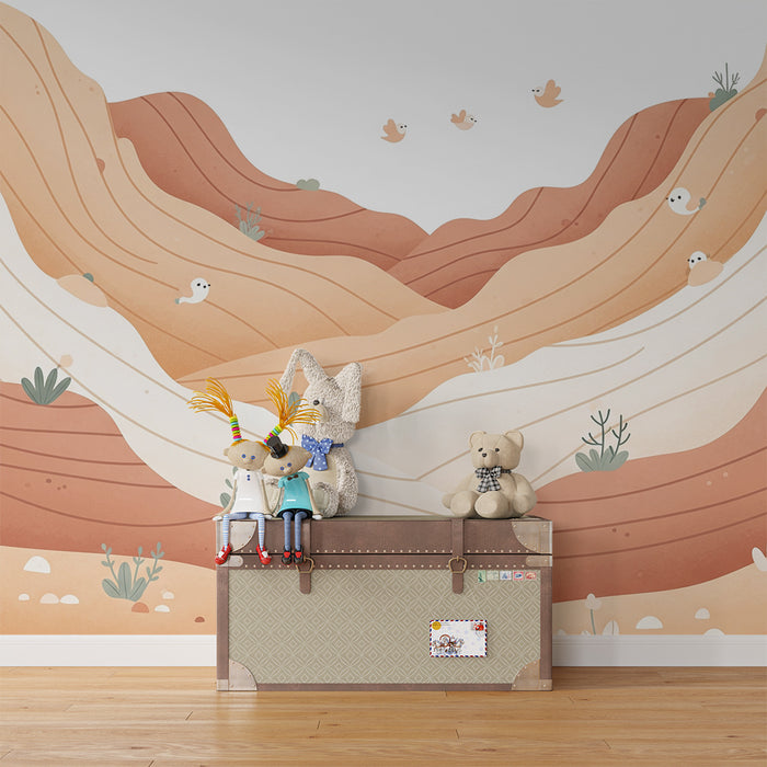 Papier peint chambre enfant | Paysage désertique doux avec oiseaux et végétation
