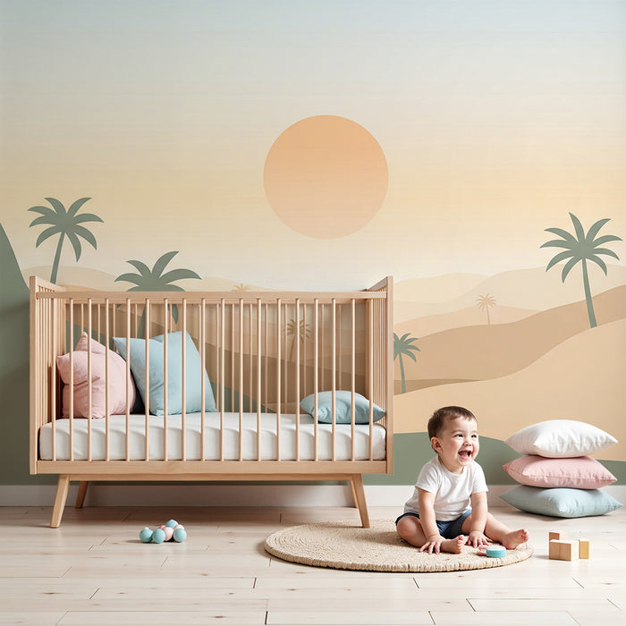 Kinderkamer behang | Minimalistische woestijnlandschap met palmbomen en zonsondergang