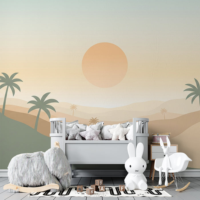 Kinderkamer behang | Minimalistische woestijnlandschap met palmbomen en zonsondergang