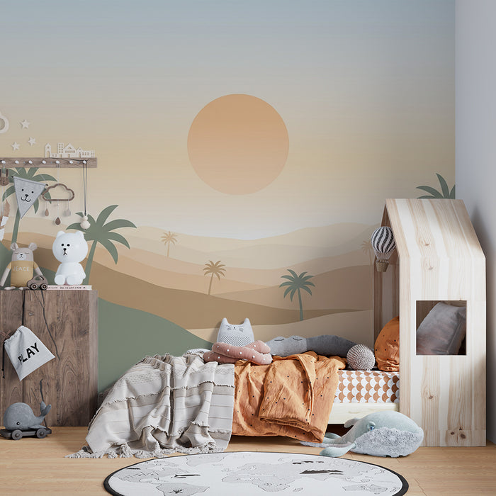 Kinderkamer behang | Minimalistische woestijnlandschap met palmbomen en zonsondergang
