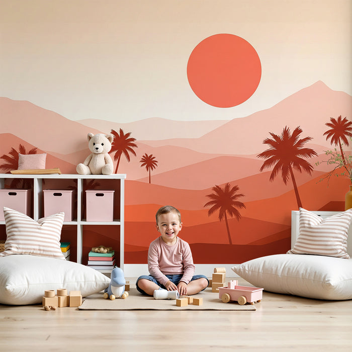 Dětská pokojová tapeta | Monochromatická pouštní krajina s palmami a zapadajícím sluncem
