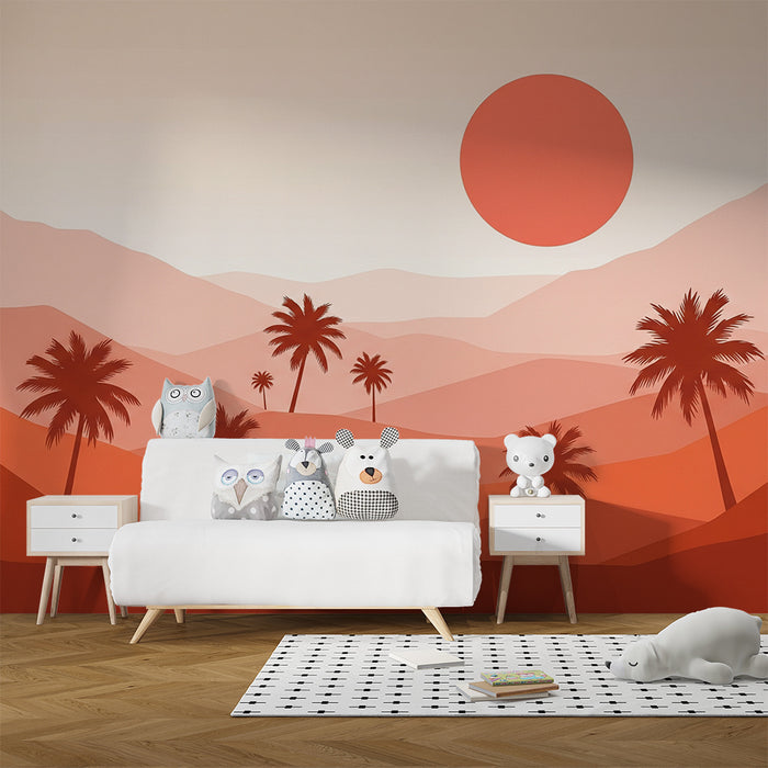 Dětská pokojová tapeta | Monochromatická pouštní krajina s palmami a zapadajícím sluncem
