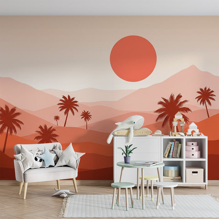 Dětská pokojová tapeta | Monochromatická pouštní krajina s palmami a zapadajícím sluncem