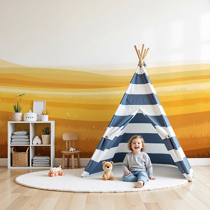 Papier peint chambre enfant | Paysage doré avec champs ondulants et fleurs délicates