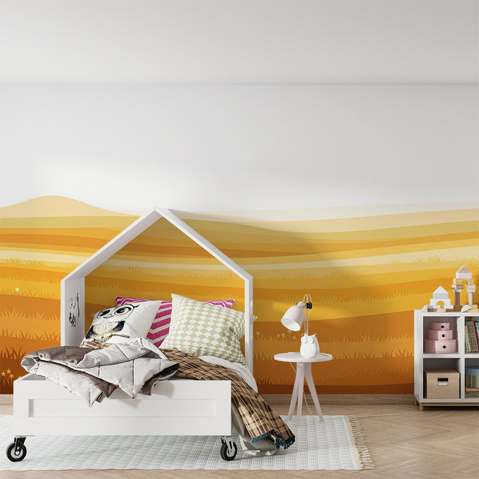 Papier peint chambre enfant | Paysage doré avec champs ondulants et fleurs délicates