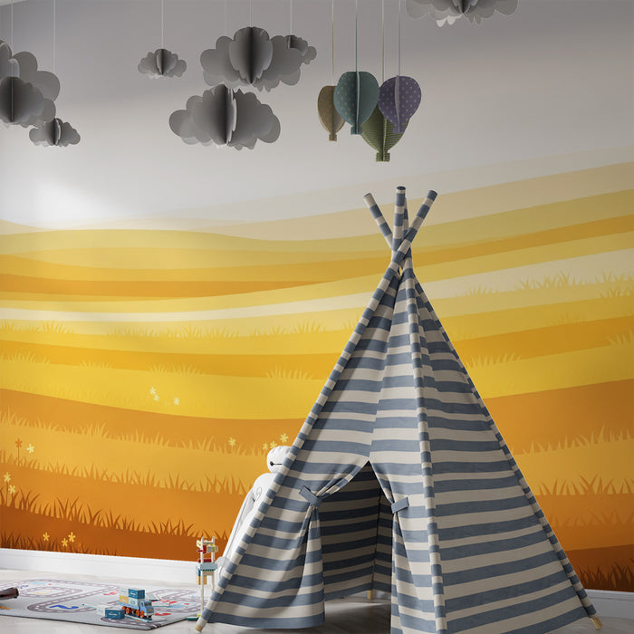 Papier peint chambre enfant | Paysage doré avec champs ondulants et fleurs délicates
