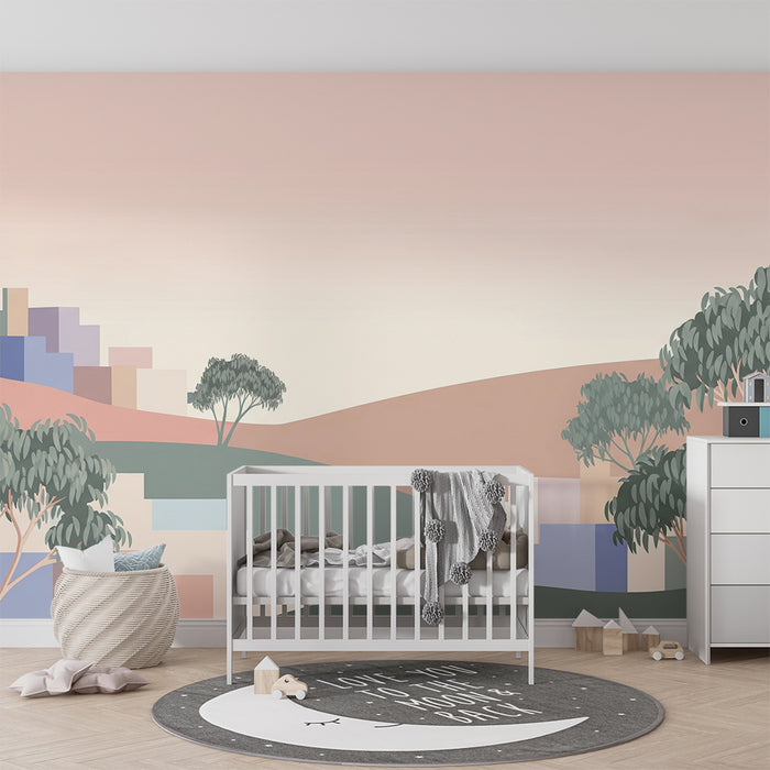 Barntapet | Mjukt landskap med kullar och stiliserade träd