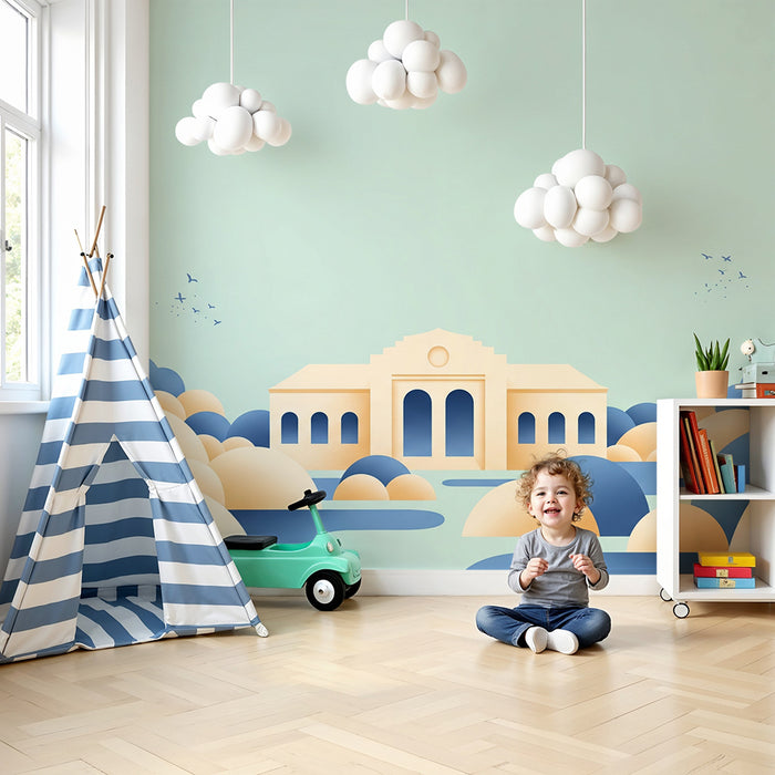 Papel pintado infantil | Paisaje suave con nubes y edificios estilizados