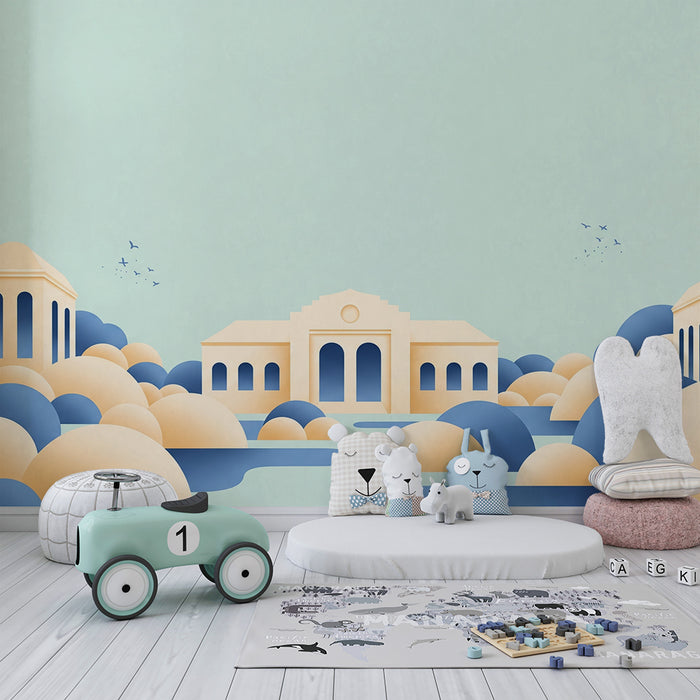 Papel pintado infantil | Paisaje suave con nubes y edificios estilizados