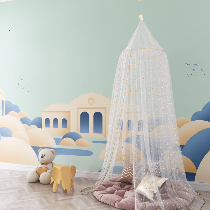 Papel pintado infantil | Paisaje suave con nubes y edificios estilizados