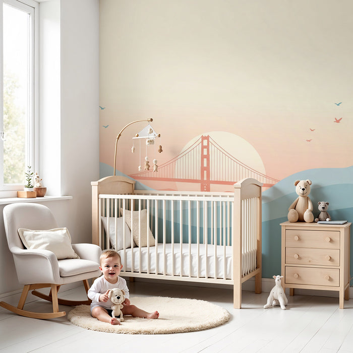 Papel de parede para quarto infantil | Paisagem suave com ponte e montanhas pastel
