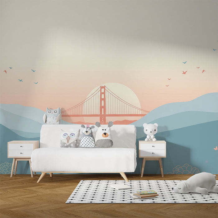 Papel de parede para quarto infantil | Paisagem suave com ponte e montanhas pastel