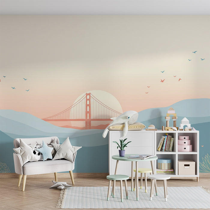 Papel de parede para quarto infantil | Paisagem suave com ponte e montanhas pastel