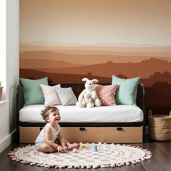 Papier peint chambre enfant | Paysage doux en dégradé de bruns et ocres