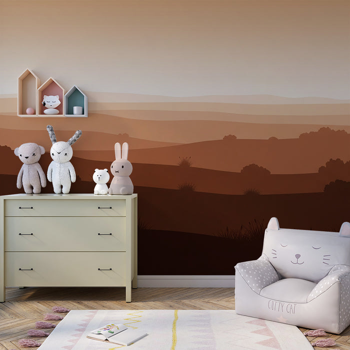 Papier peint chambre enfant | Paysage doux en dégradé de bruns et ocres