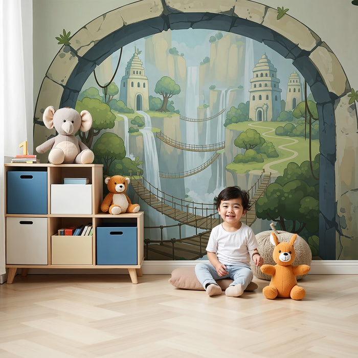 Tapete Kinderzimmer | Zauberhafte Landschaft mit Wasserfällen und Hängebrücken