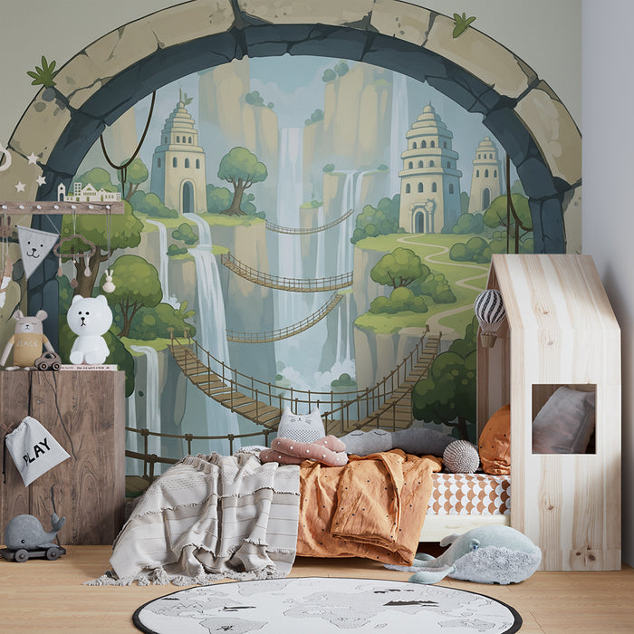Tapete Kinderzimmer | Zauberhafte Landschaft mit Wasserfällen und Hängebrücken