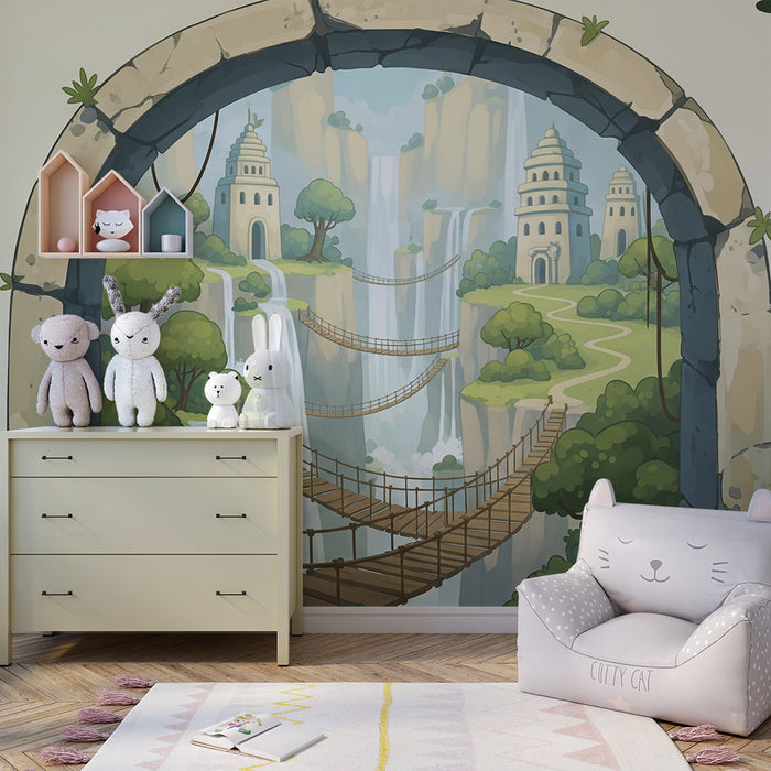 Tapete Kinderzimmer | Zauberhafte Landschaft mit Wasserfällen und Hängebrücken