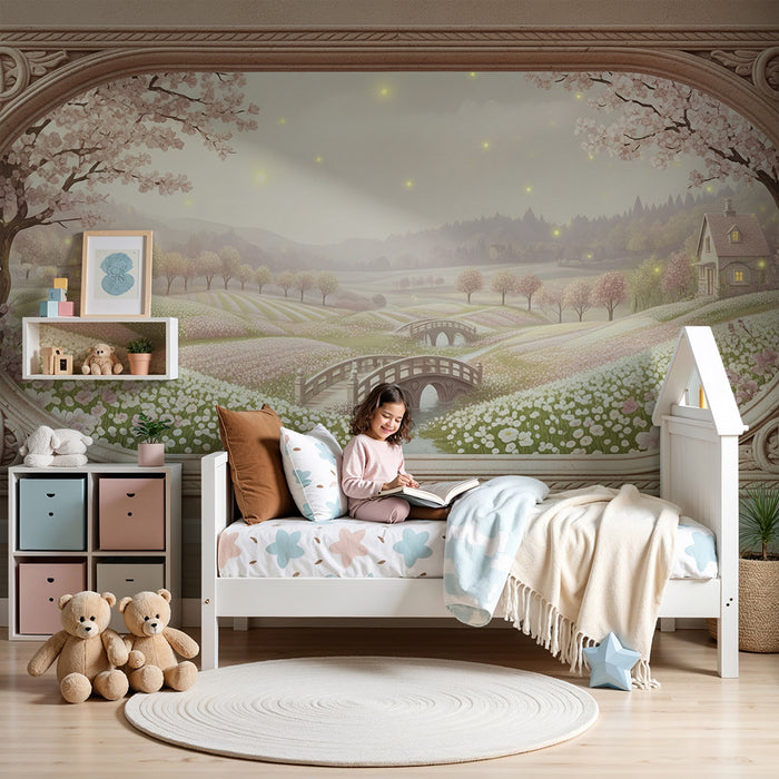 Carta da parati per camera bambini | Paesaggio incantevole con fiori e casette in un'atmosfera romantica