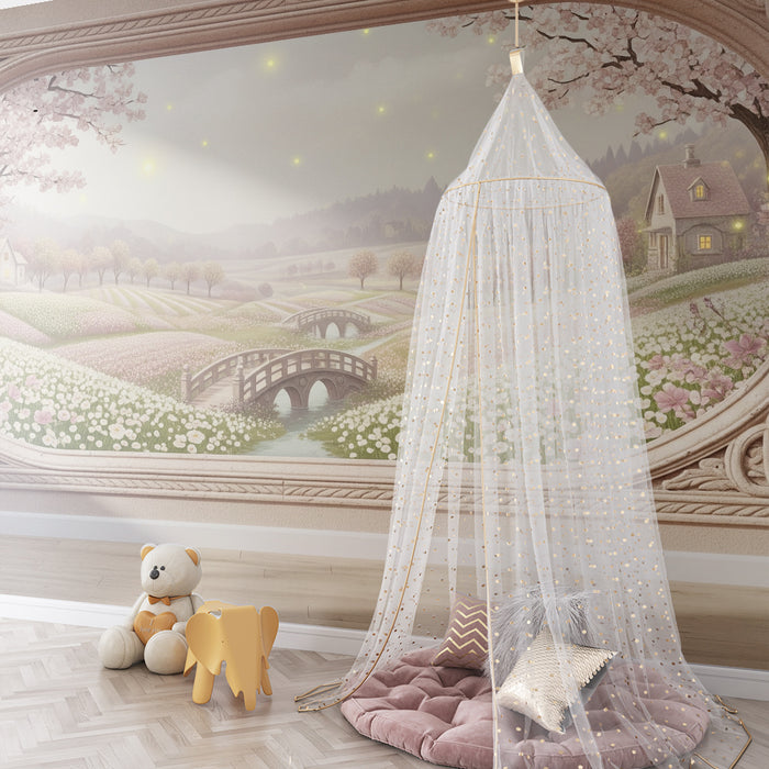 Carta da parati per camera bambini | Paesaggio incantevole con fiori e casette in un'atmosfera romantica