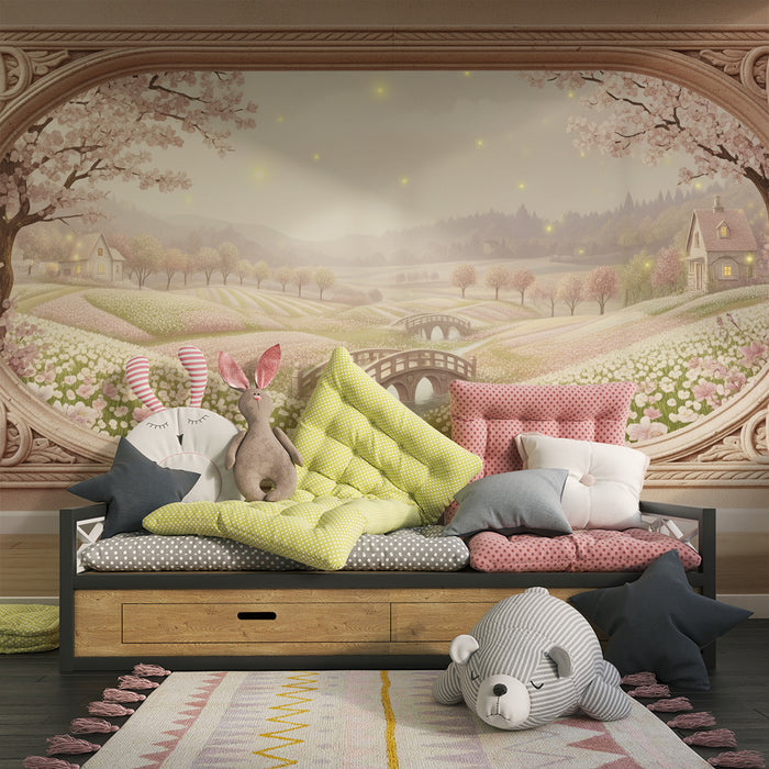 Carta da parati per camera bambini | Paesaggio incantevole con fiori e casette in un'atmosfera romantica