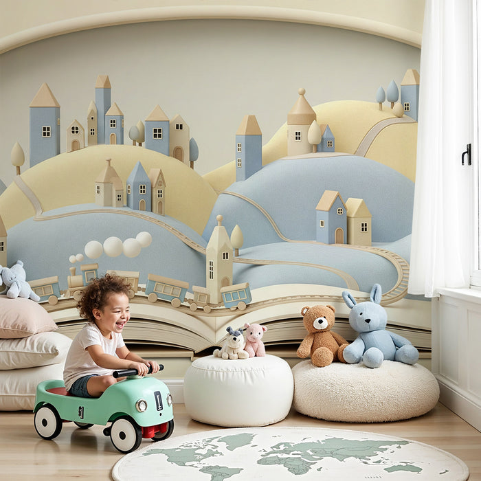 Papier peint chambre enfant | Paysage enchanteur avec maisons et train en bois