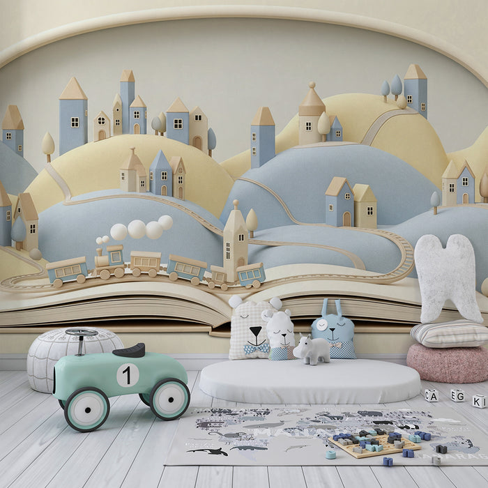 Papier peint chambre enfant | Paysage enchanteur avec maisons et train en bois