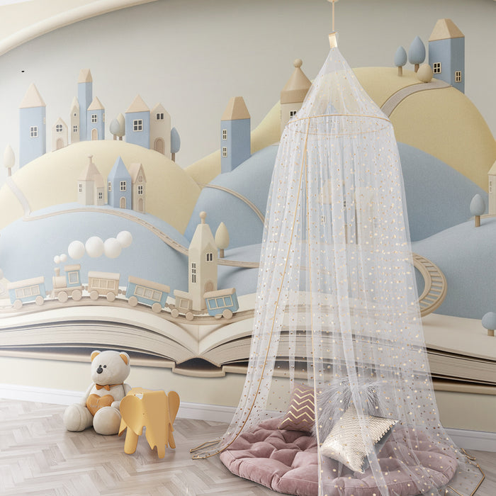 Papier peint chambre enfant | Paysage enchanteur avec maisons et train en bois